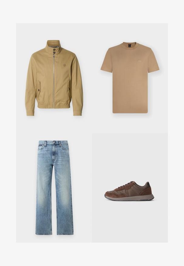 Veste beige à fermeture éclair avec col montant, deux poches avant à boutons, ourlet élastique et petit logo brodé sur la poitrine gauche.; T-shirt marron clair à manches courtes et col rond avec petit logo blanc "BOSS" sur la poitrine gauche, présenté sur un fond uni clair.; Jean droit en denim bleu clair avec taille haute, cinq poches, fermeture à boutons et léger délavage sur les cuisses et les genoux.; Basket marron présentant un mélange de matériaux lisses et en daim, un bout rond, une semelle en caoutchouc texturée et un accent de talon noir contrastant.