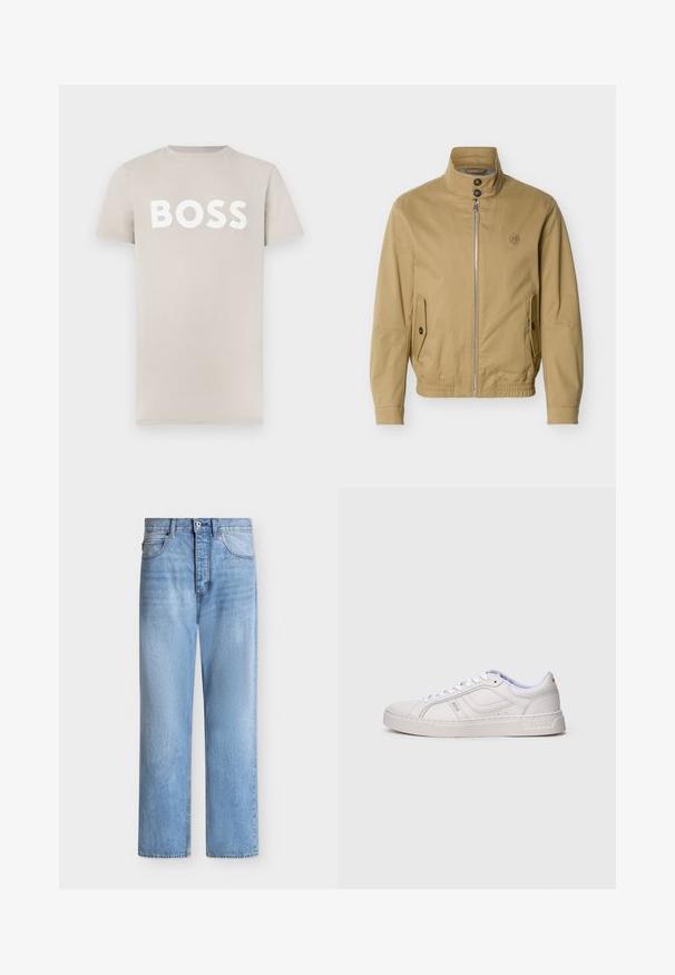 Veste beige à fermeture éclair avec col montant, deux poches avant à boutons, ourlet élastique et petit logo brodé sur la poitrine gauche.; T-shirt en coton beige clair à manches courtes et col rond. Présente un lettrage blanc audacieux "BOSS" sur la poitrine. Texture lisse.; Jean droit en denim bleu clair avec fermeture par bouton et zip, poches avant et arrière, et passants de ceinture à la taille.; Baskets blanches basses à lacets, avec des détails cousus et le logo "BOSS" sur le côté et la semelle, vues de côté extérieur.