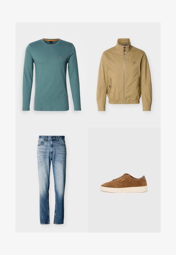 Beige lynlåsjakke med opretstående krave, to forlommer med knaplukning, elastisk kant og lille broderet logo på venstre bryst.; Langærmet, rundhalset skjorte i teal. Fremstillet af blødt bomuld og har en lille firkantet logo-patch i øverste venstre hjørne. Glat tekstur, afslappet design.; Blå falmede jeans med lige ben, fem lommer, knaplukning og bæltestropper, vist fladt på hvid baggrund.; Brun ruskindsneakers med rundet tå, cremefarvet gummisål og ton-i-ton snørebånd. Har præget logo på siden og en glat bagplade.
