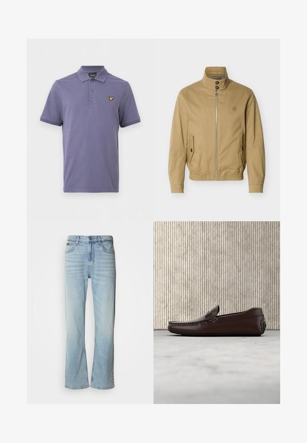 Veste beige à fermeture éclair avec col montant, deux poches avant à boutons, ourlet élastique et petit logo brodé sur la poitrine gauche.; Polo manches courtes violet avec trois boutons et un petit logo d'oiseau jaune sur le côté gauche de la poitrine.; Jeans en denim bleu clair avec une coupe droite, dotés de cinq poches, d'une fermeture à bouton et d'une légère décoloration sur le tissu.; Mocassins en cuir marron avec une finition lisse, des coutures de style mocassin, un bout rehaussé et une semelle en caoutchouc basse et flexible.