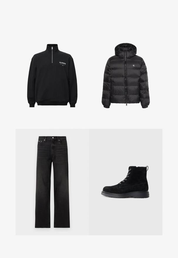 Sort dunjakke med hætte, lynlås foran, to lynlåslommer, elastiske manchetter og lille hvidt "cK" logo på brystet.; Sort sweatshirt med høj krave og halv lynlås, med hvid trykt tekst på venstre bryst. Fremstillet af bomuldsstof med blød tekstur.; Sorte jeans med lige ben, fem-lomme design, bæltestropper og knaplukning, vist på en hvid baggrund.; Sorte suede ankelstøvler med en tekstureret overflade, rund tå, grå snørebånd og en robust sort sål. Har en lille løkke bagpå.