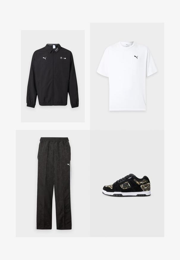 Chaqueta negra con cremallera con el logo de Puma en el pecho izquierdo, logo BMW M en el pecho derecho, puños elásticos y un pequeño emblema en el cuello.; Camiseta blanca de manga corta con cuello redondo y un pequeño logo negro de Puma en el pecho izquierdo sobre un fondo claro.; Pantalones deportivos negros con patrón sutil, franjas laterales blancas, cintura elástica y un logo blanco de Puma en la parte superior del muslo.; Zapatilla de ante negra con patrón de camuflaje en el lateral, media suela blanca y suela exterior de goma negra. Presenta cordones y detalle del logo en el lateral.