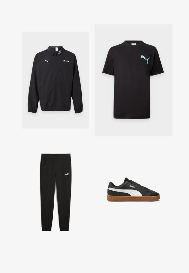 Sort lynlåstrøje med Puma-logo på venstre bryst, BMW M-logo på højre bryst, elastiske manchetter og et lille emblem på kraven.; Sort T-shirt med korte ærmer og lille lyseblåt Puma-logo på venstre bryst mod hvid baggrund.; Sorte sweatpants lavet af blødt stof, med en elastisk talje, sidelommer og et hvidt Puma-logo på venstre side.; Sort lædersneaker med en hvid Puma-stribe, brun gummisål og klassisk snøre-design. Har Puma-logo på siden og tungen.