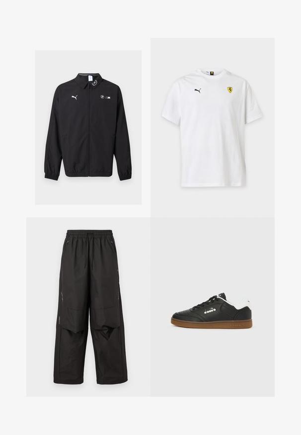 Μαύρο μπουφάν με φερμουάρ, λογότυπο Puma στο αριστερό μέρος του στήθους, λογότυπο BMW M στο δεξί μέρος του στήθους, ελαστικά μανίκια και μικρό έμβλημα στο γιακά.; Λευκό μπλουζάκι Puma με κοντά μανίκια που διαθέτει μικρό μαύρο λογότυπο Puma στην αριστερή πλευρά του στήθους και κίτρινη ασπίδα Ferrari στη δεξιά πλευρά του στήθους.; Μαύρο παντελόνι φαρδιάς γραμμής με ελαστική μέση, εμπρόσθιες τσέπες με φερμουάρ, πάνελ στα γόνατα και διακριτικές αντανακλαστικές λεπτομέρειες στα πλάγια.; Μαύρο δερμάτινο αθλητικό παπούτσι με λευκή ταμπέλα στη φτέρνα, ελαστική σόλα καφέ χρώματος, μαύρα κορδόνια και ασημένιο λογότυπο Diadora στο πλάι και στη σόλα.