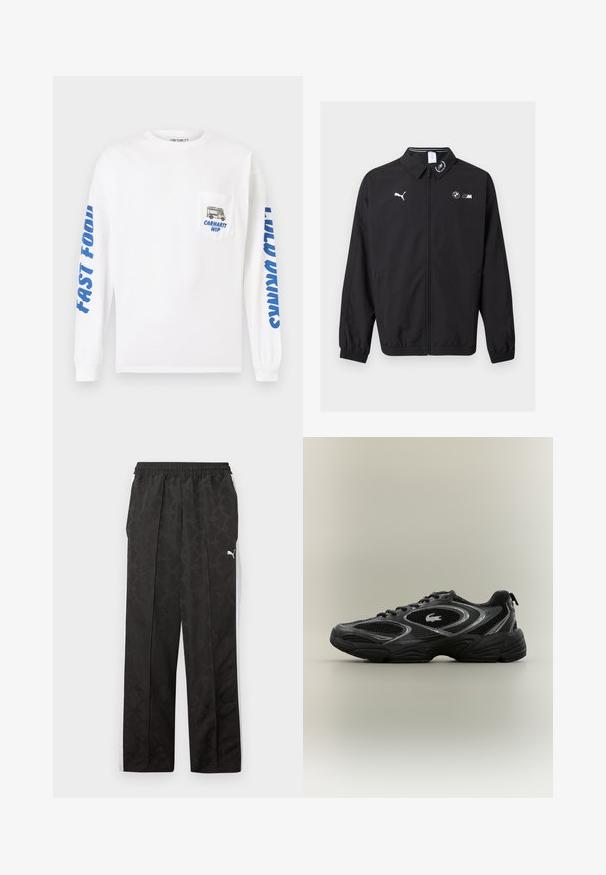 Μαύρο μπουφάν με φερμουάρ, λογότυπο Puma στο αριστερό μέρος του στήθους, λογότυπο BMW M στο δεξί μέρος του στήθους, ελαστικά μανίκια και μικρό έμβλημα στο γιακά.; Λευκό πουκάμισο με μακριά μανίκια από βαμβάκι. Διαθέτει μπλε κείμενο στα μανίκια και μια τσέπη με γραφικό ενός φαγητού φορτηγού και το "Carhartt WIP".; Μαύρο αθλητικό παντελόνι με διακριτικό σχέδιο, λευκές πλευρικές ρίγες, ελαστική μέση και λευκό λογότυπο Puma στο πάνω μέρος του μηρού.; Μαύρο και γκρι αθλητικό παπούτσι με διχτυωτές επιφάνειες, σχέδιο με κορδόνια, παχύ πάτο και μικρό λογότυπο κροκοδείλου στο πλάι.