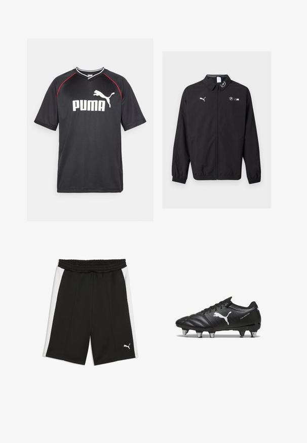 Chaqueta negra con cremallera con el logo de Puma en el pecho izquierdo, logo BMW M en el pecho derecho, puños elásticos y un pequeño emblema en el cuello.; Camiseta deportiva negra de Puma con mangas cortas, logo blanco, acentos rojos en los hombros y cuello en forma de V. Fabricada con material ligero.; Pantalones cortos deportivos negros con paneles laterales blancos, cinturilla elástica y pequeño logotipo blanco de Puma en la parte inferior de la pierna izquierda.; Botas de fútbol negras con material texturizado, logo blanco de Puma, sistema de cierre con cordones y tacos de metal para mejorar la tracción. El diseño enfatiza el rendimiento y el soporte.