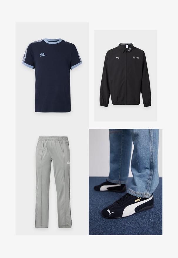 Μαύρο μπουφάν με φερμουάρ, λογότυπο Puma στο αριστερό μέρος του στήθους, λογότυπο BMW M στο δεξί μέρος του στήθους, ελαστικά μανίκια και μικρό έμβλημα στο γιακά.; Μπλε ναυτικό μπλουζάκι Umbro με γαλάζιο γιακά, μανσέτες στα μανίκια και ρίγες στους ώμους, απεικονίζεται σε απλό φόντο.; Ανοιχτό γκρι αθλητικές παντελόνες Umbro με ελαστική μέση και μαύρες-λευκές ρίγες στο πλάι, εμφανιζόμενες σε λευκό φόντο.; Μαύρα σουέτ αθλητικά παπούτσια με λευκές λεπτομέρειες, featuring χρυσό λογότυπο. Φορεμένα με ανοιχτό μπλε τζιν παντελόνι και τοποθετημένα σε μια υφή μπλε επιφάνειας.