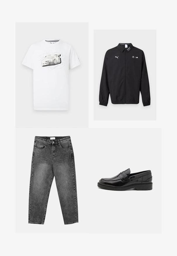 Μαύρο μπουφάν με φερμουάρ, λογότυπο Puma στο αριστερό μέρος του στήθους, λογότυπο BMW M στο δεξί μέρος του στήθους, ελαστικά μανίκια και μικρό έμβλημα στο γιακά.; Λευκό t-shirt με κοντά μανίκια, με ξεθωριασμένο γκρισκαλέ γραφικό ενός αγωνιστικού αυτοκινήτου και αφηρημένες γραμμές μουτζούρας στο μπροστινό μέρος.; Μαύρα φθαρμένα τζιν παντελόνια με ίσια γραμμή, μπροστινές και πίσω τσέπες, θηλιές ζώνης και κουμπί κλεισίματος στη μέση.; Μαύρα δερμάτινα loafers με λεία επιφάνεια, στρογγυλή μύτη, χαμηλό τακούνι και διακοσμητικό ράψιμο μπροστά. Εξωτερική σόλα από καουτσούκ για πρόσφυση.