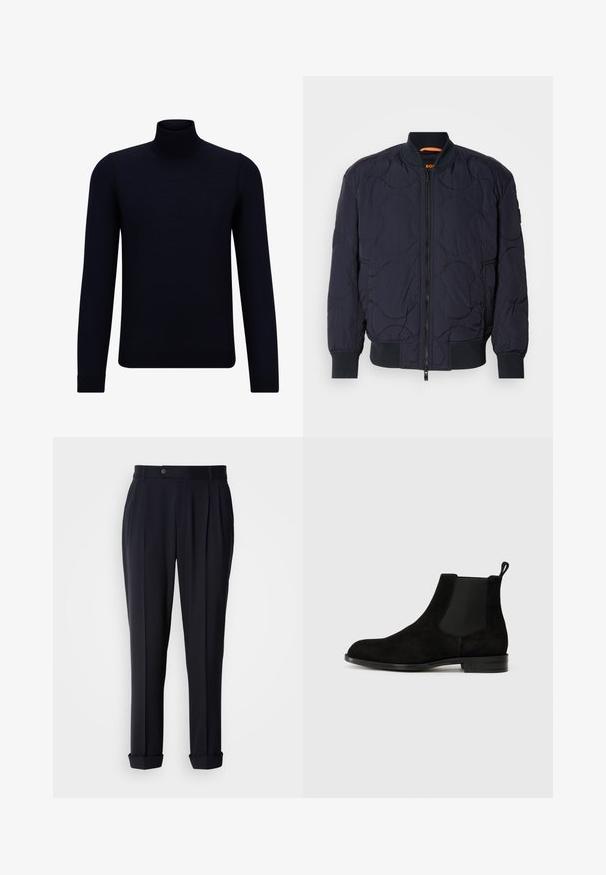 Marineblå quilted bomberjakke med ribbet krave, lynlåslukning og to sidelommer. Har strukturerede, cirkulære mønstre på stoffet.; Mørkeblå turtleneck sweater lavet af fint strikstof, med lange ærmer og en tætsiddende, høj halsudskæring. Ingen synlige mønstre eller detaljer.; Mørkeblå skræddersyede bukser med frontfold, knaplukning og opkrøllede cuffs. Fremstillet af et glat stof med en struktureret pasform.; Sort ruskinds Chelsea-støvle med elastiske sidepaneler, rund tå og en pull tab. Flad sål med et diskret prægede logo på hælen.