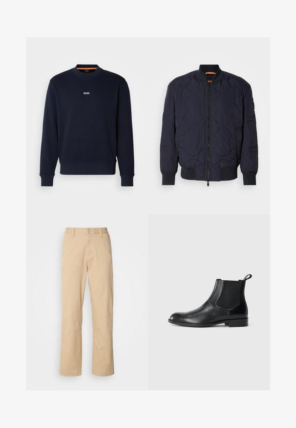 Marineblauwe gewatteerde bomberjack met een ribgebreide kraag, ritssluiting en twee zijzakken. Kenmerkt zich door textuur en cirkelvormige patronen op de stof.; Navyblauwe sweatshirt van zacht materiaal, met een ronde halslijn en geribde manchetten, met het woord "BOSS" in het wit gedrukt op de borst.; HUGO ZAYN - Broek - medium beige; Zwarte leren enkelboot met elastische zijpanelen, ronde neus en een trekhaak. Gladde textuur, platte zool, minimalistisch ontwerp.