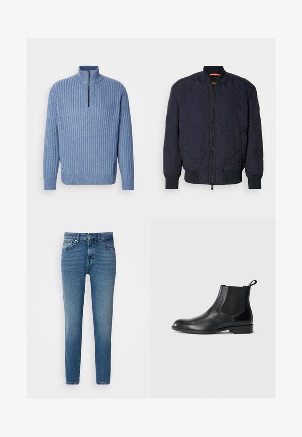Marineblaue, gesteppte Bomberjacke mit geripptem Kragen, Reißverschluss und zwei Seitentaschen. Besitzt strukturierte, kreisförmige Muster auf dem Stoff.; Hellblau gestrickter Pullover mit Rippenstruktur, Stehkragen und teilweisem Reißverschluss am Hals; verfügt über lange Ärmel und einen geraden Saum.; Helle blaue Denim-Jeans mit geradem Schnitt, traditionellem Fünf-Taschen-Design, Metallknopfverschluss und dezentem Verblassen an der Vorderseite.; Schwarze Leder-Stiefelette mit elastischen Seiteneinsätzen, abgerundeter Zehenpartie und einem Zugschlauf. Glatte Textur, flache Sohle, minimalistisches Design.