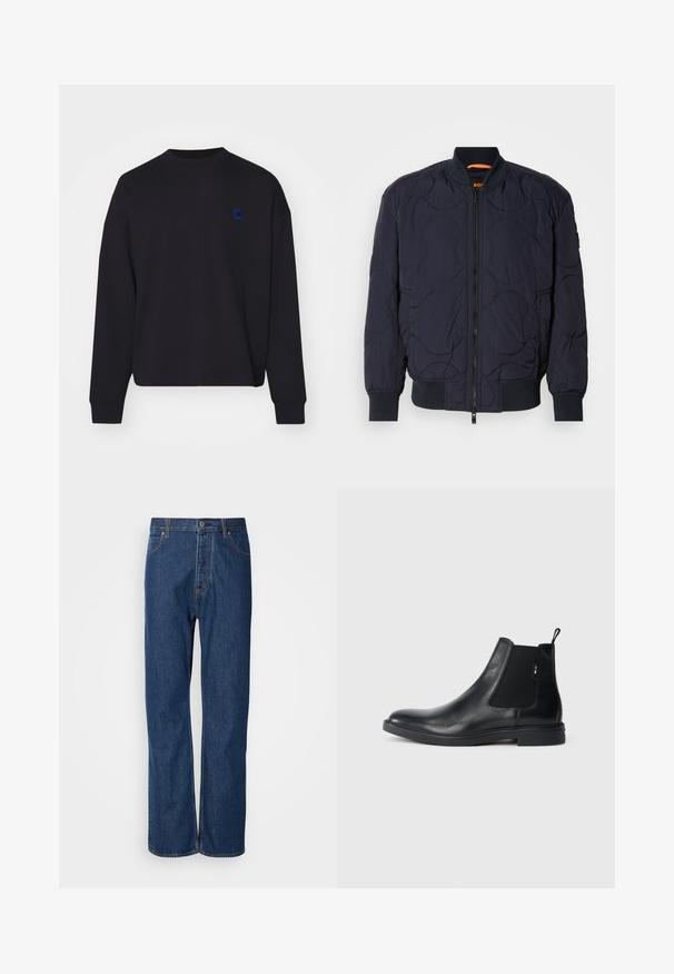 Marineblå quilted bomberjakke med ribbet krave, lynlåslukning og to sidelommer. Har strukturerede, cirkulære mønstre på stoffet.; Sort sweatshirt lavet af bomuld, med rund halsudskæring og løs pasform. Den har et lille blåt broderet logo på brystet.; Blå denim jeans med lige ben, der har en knaplukning, fem lommer og kontraststikninger langs sømmene.; Sorte læder Chelsea støvler med elastiske sidepaneler, en pull-tab og en flad gummisål. Glat tekstur med minimal detaljer.