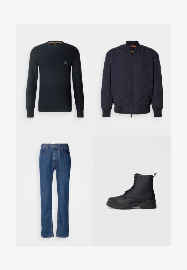 Marineblå quilted bomberjakke med ribbet krave, lynlåslukning og to sidelommer. Har strukturerede, cirkulære mønstre på stoffet.; Strikket navyblå sweater med lange ærmer, rund halsudskæring, tekstureret stof og et lille logo-patch på brystet.; Blå denimjeans med lige snit, fem-lomme-design og lys syning. Har lynlås og knaplukning foran.; Sort læder ankelstøvle med snørebånd foran, tykk gummisål og rød løftestrop ved hælen, vist mod en ensfarvet lys baggrund.
