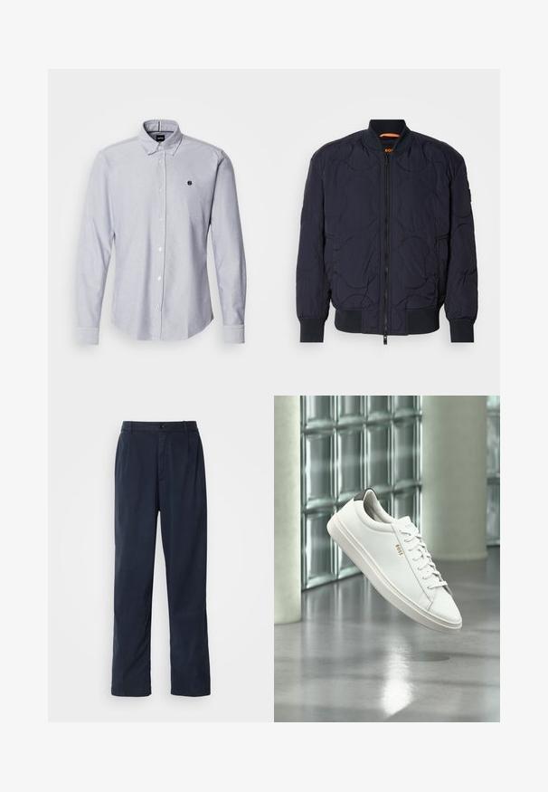 Marineblå quilted bomberjakke med ribbet krave, lynlåslukning og to sidelommer. Har strukturerede, cirkulære mønstre på stoffet.; Lyseblå skjorte med lange ærmer, lavet af et struktureret stof. Har et lille logo på venstre bryst og standard manchetter.; Mørkeblå bukser lavet af en bomuldsblanding. Har et lige ben design, en frontknaplukning og diskrete plisser. Glat tekstur.; Hvid læder lav-top sneaker med snørebånd, sort hælflig og "BOSS"-logo, svævende indendørs nær glasblok væg og poleret gulv.