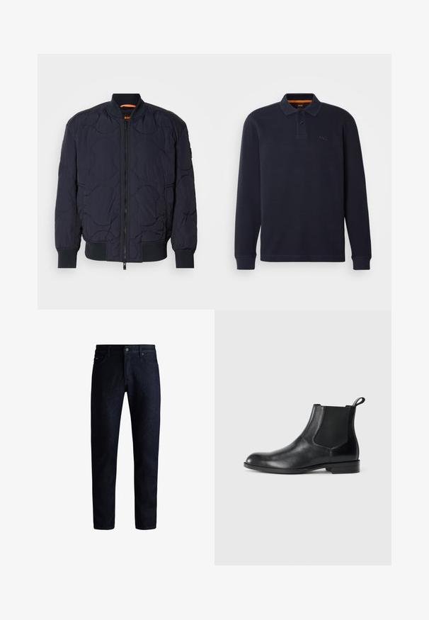Veste bomber matelassée bleu marine avec col côtelé, fermeture éclair et deux poches latérales. Présente des motifs circulaires texturés sur le tissu.; Polo shirt à manches longues bleu marine en tissu texturé avec une ouverture pour le col boutonnée. Présente un petit logo brodé sur la poitrine.; Jeans en denim bleu foncé avec un design classique à cinq poches, coupe droite et une texture subtile. Fermeture à bouton en métal à la taille.; Bottine en cuir noir avec des panneaux latéraux élastiques, bout rond et tirette. Texture lisse, semelle plate, design minimaliste.