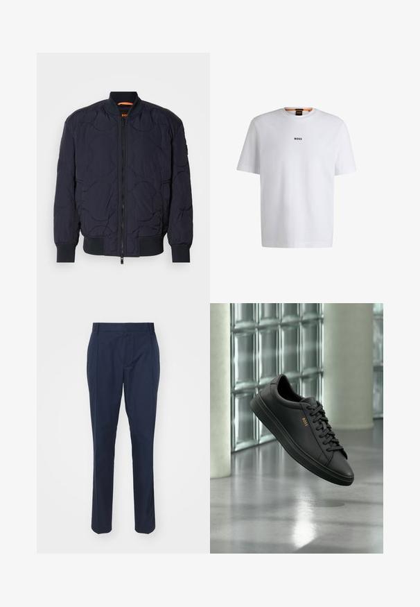 Veste bomber matelassée bleu marine avec col côtelé, fermeture éclair et deux poches latérales. Présente des motifs circulaires texturés sur le tissu.; T-shirt en coton blanc à manches courtes, avec un logo noir "BOSS" centré sur la poitrine et un design à col rond.; Pantalon bleu marine en tissu lisse, à coupe ajustée, avec deux poches avant et un pli le long de chaque jambe pour un look élégant.; Baskets basses en cuir noir avec lacets noirs et logo BOSS doré sur le côté, flottant au-dessus d’un sol gris brillant dans un espace intérieur moderne.
