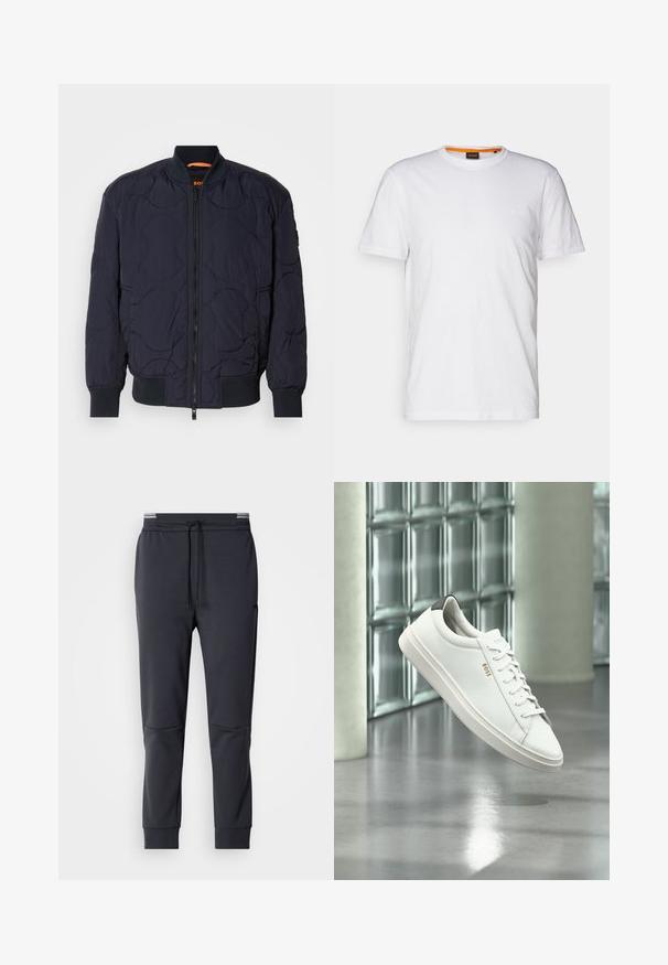 Marineblaue, gesteppte Bomberjacke mit geripptem Kragen, Reißverschluss und zwei Seitentaschen. Besitzt strukturierte, kreisförmige Muster auf dem Stoff.; Weißes Baumwoll-T-Shirt mit Rundhalsausschnitt, kurzen Ärmeln und einem dezenten geprägten Logo auf der Brust. Das Innenschild hat einen orangefarbenen Akzent.; Dunkelgraue Sweatpants mit Kordelzugbund, schmal zulaufenden Beinen und Seitentaschen. Glatte Textur und minimalistische Designdetails.; Weißer Leder-Low-Top-Sneaker mit Schnürsenkeln, schwarzer Fersenschlaufe und „BOSS“-Logo, der drinnen nahe einer Glassteinwand und einem polierten Boden schwebt.