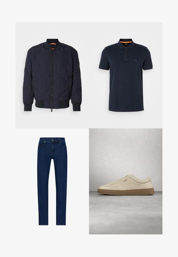 Marineblaue, gesteppte Bomberjacke mit geripptem Kragen, Reißverschluss und zwei Seitentaschen. Besitzt strukturierte, kreisförmige Muster auf dem Stoff.; Marineblaues Polohemd mit Reißverschlusskragen, ausgestattet mit einem kleinen Logopatch auf der Brust und kurzen Ärmeln. Material aus Baumwollmischung mit glatter Textur.; Dunkelblaue Denim-Jeans mit geradem Schnitt, fünf Taschen und einem Knopfverschluss. Verfügt über dezente Nähte und eine glatte Textur.; Hellbeiger Wildledersneaker mit Gummisohle, auffälligen Schnürsenkeln und dezenten Nahtdetails. Sauberes Design mit minimalistischem Ästhetik.