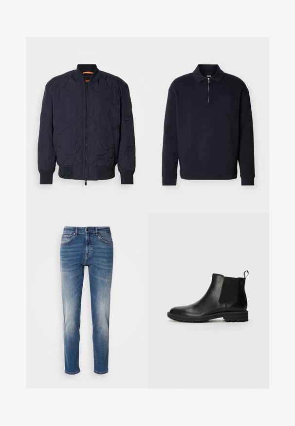 Marineblå quilted bomberjakke med ribbet krave, lynlåslukning og to sidelommer. Har strukturerede, cirkulære mønstre på stoffet.; Sort langærmet polo i blødt stof med lynlås i halsen, brystlomme og klassisk kravedesign.; Blå denimjeans med lige ben, let falmet finish, klassisk fem-lomme-design og lynlås med knaplukning.; Jack & Jones JFWHOSKINS - Støvletter - anthracite