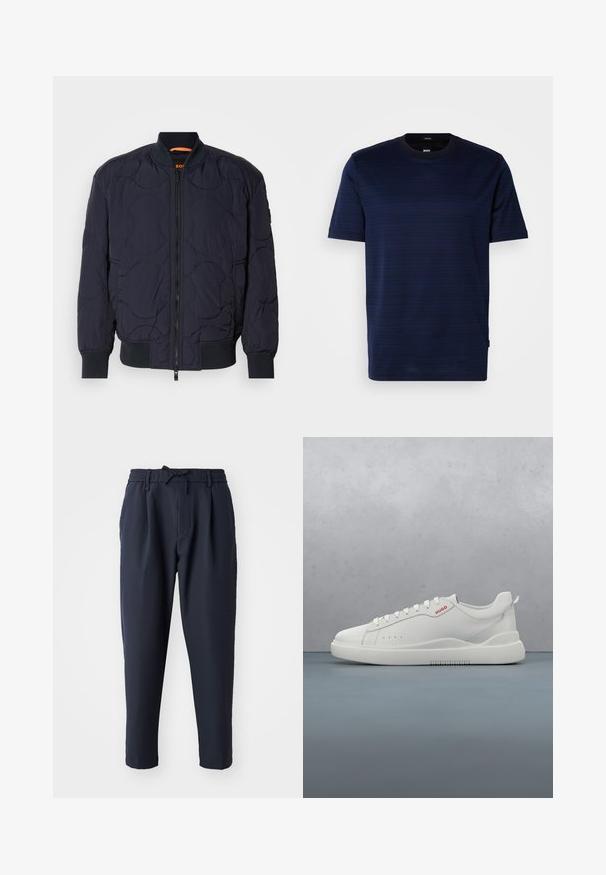 Veste bomber matelassée bleu marine avec col côtelé, fermeture éclair et deux poches latérales. Présente des motifs circulaires texturés sur le tissu.; T-shirt à manches courtes bleu marine avec un motif rayé subtil et un col rond. Fabriqué en tissu doux, il présente une petite étiquette logo sur le côté.; Pantalons bleu marine avec une taille élastique, détail de cordon de serrage, design à jambe fuselée, texture lisse et poches latérales.; Sneaker blanche avec une finition en cuir lisse, bout rond, quatre œillets, perforations subtiles et un détail de logo rouge sur le côté.