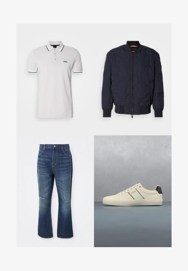 Marineblaue, gesteppte Bomberjacke mit geripptem Kragen, Reißverschluss und zwei Seitentaschen. Besitzt strukturierte, kreisförmige Muster auf dem Stoff.; Weißes Poloshirt aus Baumwolle, mit einem schwarz abgesetzten Kragen und Ärmeln. Das Markenlogo "BOSS" ist auf der linken Brust gestickt.; Blaue Jeans im Schlagstil mit leichter Abnutzung an beiden Knien und einem Knopfverschluss an der Taille, vor einem weißen Hintergrund präsentiert.; Cremfarbene Sneaker mit glatter Oberfläche, die schwarze Akzente und Markenlogo aufweisen. Klassisches Schnürdesign mit runder Zehenform und Gummisohle.