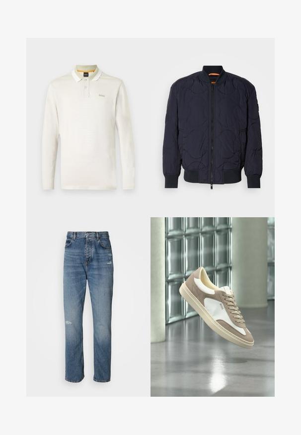 Marineblå quilted bomberjakke med ribbet krave, lynlåslukning og to sidelommer. Har strukturerede, cirkulære mønstre på stoffet.; Langærmet polo skjorte i lys creme, lavet af blød bomuld. Har en hvid krave, to-knaps placket og et diskret brandlogo på brystet.; Lyseblå denim jeans med lige ben-design, der har en knap- og lynlåslukning, fem lommer og slidte detaljer ved knæet.; Beige og hvid ruskindssneaker med snørebånd og "BOSS"-logo, der svæver over en poleret beton gulv med glasblokvægge i baggrunden.