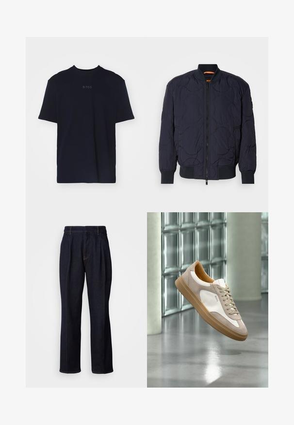 Veste bomber matelassée bleu marine avec col côtelé, fermeture éclair et deux poches latérales. Présente des motifs circulaires texturés sur le tissu.; T-shirt en coton bleu marine à manches courtes et col rond, avec un logo "BOSS" gris centré sur la poitrine.; Jean en denim large à jambes bleues foncées avec des plis devant et des coutures orange, présenté sur fond blanc.; Baskets beige et blanches avec semelle marron clair et logo « BOSS », suspendues au-dessus d’un sol lisse et réfléchissant avec un mur en parpaings de verre en arrière-plan.