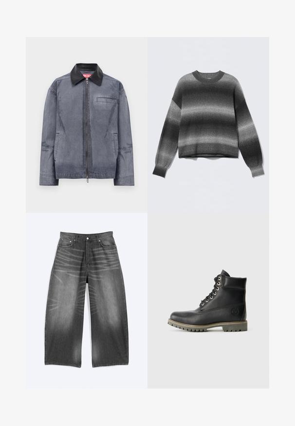 Graue Zip-Jacke mit schwarzem Lederkragen, zwei seitlichen Taschen und einer Brusttasche, versehen mit einem roten Diesel-Label im Kragen.; Gestrickter Pullover mit langen Ärmeln, verlaufenden Grautönen von dunkel bis hell, Rundhalsausschnitt sowie Rippbündchen an Ärmeln und Saum.; Weit geschnittene, ausgewaschene schwarze Jeans aus Denim mit Vordertaschen und Knopfverschluss, flach auf einem hellen Hintergrund liegend dargestellt.; Schwarze Leder-Stiefelette mit Schnürdesign, gepolstertem Kragen und strukturiertem Einsatz. Verfügt über eine robuste Sohle und ein geprägtes Logo an der Seite.