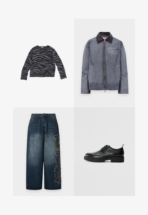 Chaqueta gris con cremallera y cuello de cuero negro, dos bolsillos laterales y un bolsillo en el pecho, etiquetada con una etiqueta roja de Diesel dentro del cuello.; Suéter a rayas negras y grises con mangas largas, cuello redondo, textura suave y un dobladillo ligeramente corto. Hecho de un material peludo.; Vaqueros de pierna ancha en azul oscuro con bordado elaborado y deshilachado en un lado. Incluyen una pretina estándar y trabillas para cinturón.; Zapato de cuero negro con punta redonda, que presenta un diseño de cordones, suela negra de goma resistente y una pequeña lengüeta en el talón.
