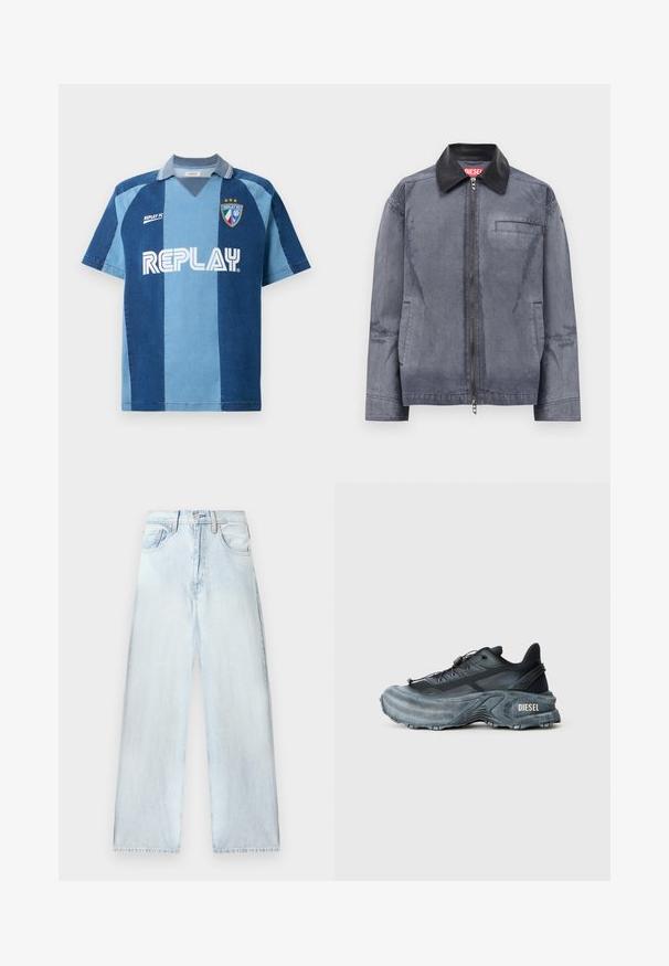 Graue Zip-Jacke mit schwarzem Lederkragen, zwei seitlichen Taschen und einer Brusttasche, versehen mit einem roten Diesel-Label im Kragen.; Jeans-inspiriertes Jersey mit kurzen Ärmeln, das ein dunkelblaues und hellblaues gestreiftes Design, einen V-Ausschnitt und das auffällig platzierte "REPLAY"-Logo aufweist.; Helle blaue Jeanshose mit lockerer Passform, hoher Taille, Fünf-Taschen-Design und geraden Beinen. Ausgewaschene Textur mit sichtbaren Nähdetails.; Schwarz- und graue Diesel-Sneaker mit dicker Sohle, Schnürverschluss und strukturiertem Design auf einem schlichten hellgrauen Hintergrund.