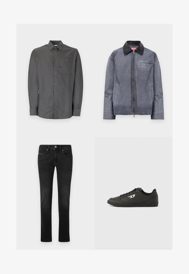 Graue Zip-Jacke mit schwarzem Lederkragen, zwei seitlichen Taschen und einer Brusttasche, versehen mit einem roten Diesel-Label im Kragen.; Grau gestreiftes Langarmhemd mit Button-Down-Kragen und Brusttasche, ausgestattet mit kleinen Knöpfen und einem strukturierten Stoff.; Schwarze Denim-Jeans mit geradem Bein, ausgestattet mit Vorder- und Gesäßtaschen, subtilen Ausbleichungen und einem Metallknopfverschluss.; Schwarze Sneakers aus synthetischem Material mit einer strukturierten schwarzen Sohle, rundem Zehenbereich und flachen schwarzen Schnürsenkeln. Auffälliges weißes Logo auf der Außenseite.