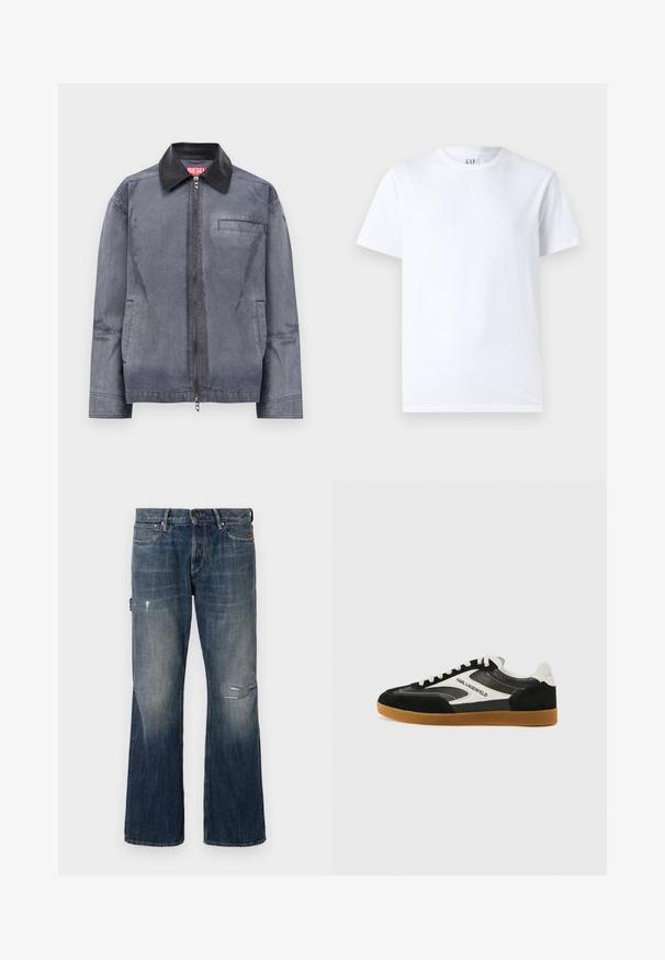 Chaqueta gris con cremallera y cuello de cuero negro, dos bolsillos laterales y un bolsillo en el pecho, etiquetada con una etiqueta roja de Diesel dentro del cuello.; Camiseta de algodón blanca con cuello redondo y mangas cortas. Diseño simple sin patrones ni gráficos, con la marca GAP en el cuello.; Jeans de mezclilla en azul oscuro con un lavado desgastado. Presenta un corte de pierna ancha, detalles desgastados que incluyen un desgarro, y un diseño estándar de cinco bolsillos.; Zapatillas bajas en blanco y negro, fabricadas con materiales de ante y cuero, que cuentan con una suela de goma y un detalle del logo "Karl Lagerfeld".