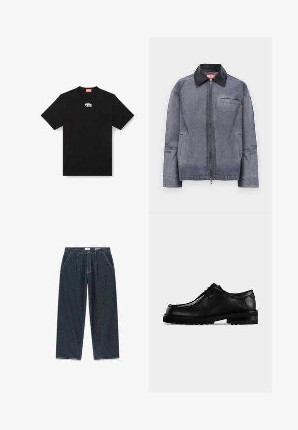 Chaqueta gris con cremallera y cuello de cuero negro, dos bolsillos laterales y un bolsillo en el pecho, etiquetada con una etiqueta roja de Diesel dentro del cuello.; Camiseta de algodón negra con cuello redondo y mangas cortas. Presenta un pequeño logotipo plateado bordado en el centro del frente.; Pantalones de pierna ancha a rayas verticales en azul oscuro, con cierre de cremallera y botón, cuatro bolsillos y detalles de costuras en contraste blanco.; Zapato de cuero negro con cordones, suela gruesa de goma y costura moc toe, mostrado desde el lado izquierdo sobre un fondo claro y liso.
