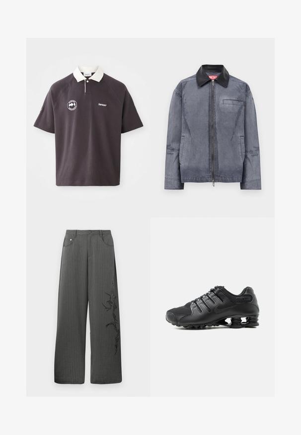 Chaqueta gris con cremallera y cuello de cuero negro, dos bolsillos laterales y un bolsillo en el pecho, etiquetada con una etiqueta roja de Diesel dentro del cuello.; Polo de color gris oscuro con cuello blanco, logo bordado en el pecho y mangas raglán cortas. Fabricado en material suave.; Pantalones de pierna ancha a rayas en tela gris oscuro, con bolsillos frontales y un estampado decorativo negro en el lado izquierdo.; Zapatilla deportiva negra con parte superior texturizada, cierre de cordones y distintivo soporte de suela tipo resorte visible sobre un fondo blanco.