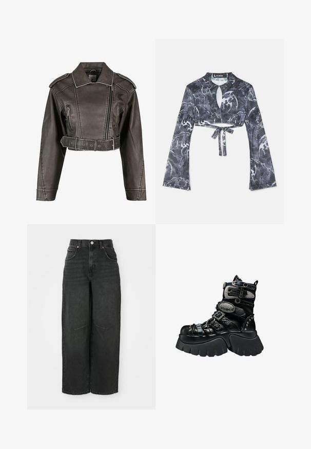 Chaqueta de imitación de piel gris cortada con cuello de muesca, diseño de doble botonadura, cremallera frontal y cintura ceñida con cinturón. Presenta bolsillos laterales.; Top corto de manga larga en un patrón abstracto en gris oscuro, negro y blanco, con un corte en forma de ojal en la parte delantera y detalle de lazo en la cintura.; Jeans de pierna ancha negros hechos de denim. Cintura alta con cierre de botón y presillas para cinturón. Presenta bolsillos frontales y detalles de costura visibles.; Bota negra de plataforma con suela gruesa, múltiples correas texturizadas, hebillas plateadas, detalles decorativos metálicos y detalles con tachuelas.