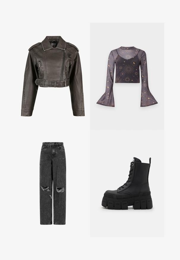 Afskåret grå faux læderjakke med spidse kraver, dobbeltknapsdesign, frontlynlås og bælte i taljen. Har sidelommer.; Gennemsigtig sort langærmet cropped top med prikkede flæser, himmelsk sol-, måne- og stjernemønster, der har et indre camisetlag.; Sorte højtaljede brede bukser af jeans med rifter på knæene og slidte detaljer på en hvid baggrund.; Buffalo GOSPHER LACE UP MID - Snørestøvletter - black
