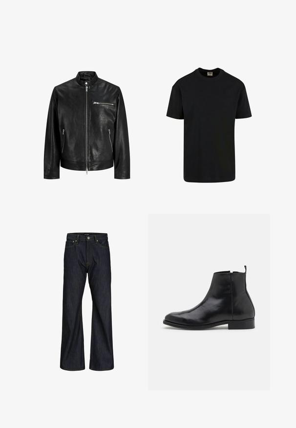 Zwarte leren jas met rits aan de voorkant, hoge kraag met drukknop en drie ritssluitingzakken, getoond op witte achtergrond.; Urban Classics SHORTSLEEVE - T-shirt basic - black; Donkerblauwe jeans met rechte pijpen, vijf zakken, knoopsluiting en zichtbare oranje stiksels op de tailleband en naden.; Zign by Zalando LEATHER - Lage laarzen - black