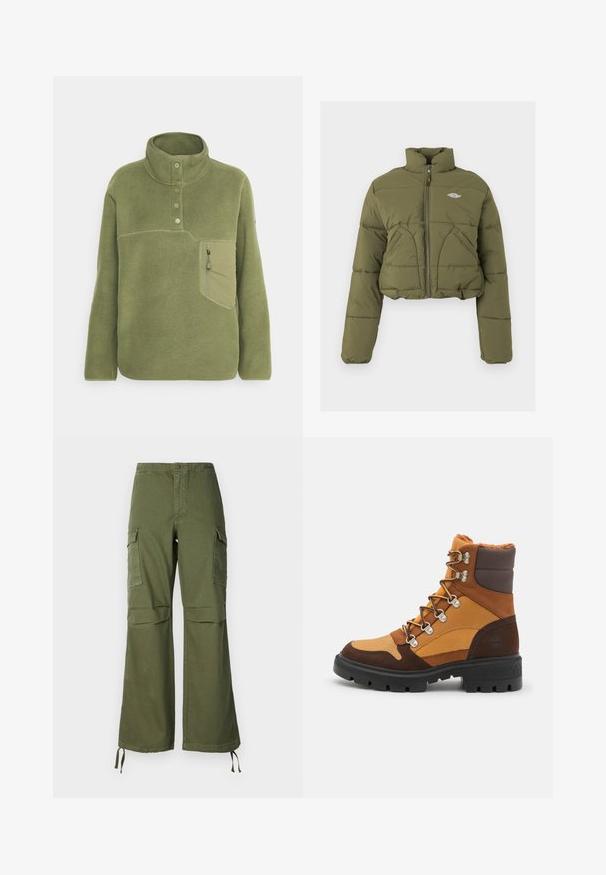 Ingekorte olijfgroene pufferjack met hoge kraag, voorkleurrits en dubbele voorke pockets. Kenmerkt zich door een gewatteerde textuur en subtiele logo-details.; Olijfgroene fleece trui met een hoge kraag, drie knopen en een ritszak op de borst. Zachte textuur met contrasterende stikdetails.; Olijfgroene cargobroek van katoen, met een brede pijpdesign, twee zijzakken en verstelbare touwen aan de zoom.; Timberland CORTINA VALLEY - Veterboots - wheat