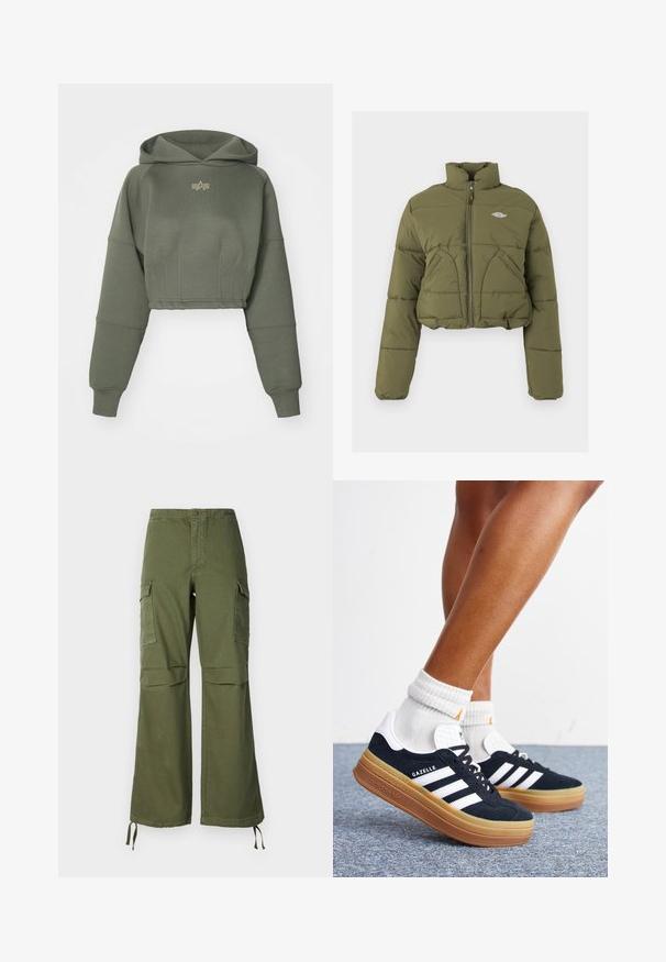 Zastrihnutá olivovo zelená puffr coat s vysokým golierom, predným zipsom a dvojitými prednými vreckami. Obsahuje prešívanú textúru a jemný detail loga.; Alpha Industries WAISTED HOODY - Mikina s kapucňou - dark olive; Olivové zelené nohavice typu cargo z bavlny, s voľným strihom, dvomi bočnými vreckami a nastaviteľnými šnúrkami na leme.; Nohy v bielych ponožkách a čiernych teniskách Adidas Gazelle s bielymi pruhmi a hrubými hnedými podrážkami na sivom koberci.