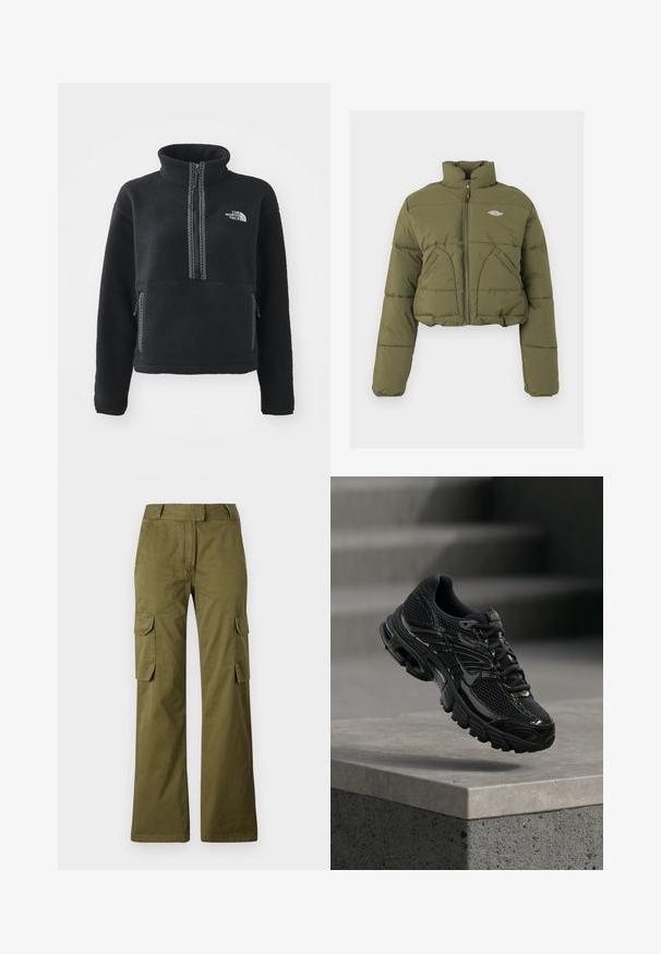 Zastrihnutá olivovo zelená puffr coat s vysokým golierom, predným zipsom a dvojitými prednými vreckami. Obsahuje prešívanú textúru a jemný detail loga.; Čierny flísový pulóver s vysokým golierom, štvrťzipsom, predným vreckom a kontrastným prešívaním. Na hrudi je logo The North Face.; Olivovo zelené cargo nohavice vyrobené z bavlneného zloženia, s rovnými nohavicami, dvoma bočnými vreckami a uzáverom na gombík v páse.; Čierna bežecká topánka Nike s sieťovinovou a syntetickou vrchnou časťou vznášajúca sa nad betónovým povrchom a schodíkmi v pozadí.