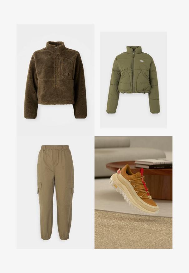 Veste matelassée vert olive raccourcie avec col haut, zip frontal et deux poches avant. Présente une texture matelassée et un logo discret.; Veste en polaire marron avec un col haut, fermeture éclair à moitié sur le devant et une poche sur la poitrine ; elle présente un tissu texturé et un logo sur le devant.; Vero Moda Tall VMTIMMIKAY PANT - Pantalon cargo - capers; Chaussure de randonnée marron et beige avec languette rouge, semelle blanche épaisse et lacets style corde, flottant au-dessus d'un tapis beige tissé à l’intérieur.