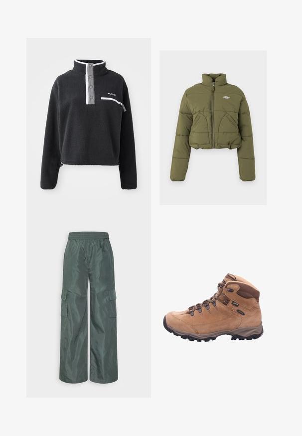 Chaqueta de plumas verde olivo cortada con cuello alto, cremallera frontal y dos bolsillos delanteros. Presenta un texturizado acolchado y un discreto detalle de logo.; Sudadera de forro polar negra con cuello de media cremallera, que presenta un bolsillo en el pecho y acentos en blanco y gris contrastantes. Textura suave, diseño recortado.; Even&Odd by Zalando Pantalones cargo - dark green; Bota de senderismo marrón hecha de ante y material sintético, con un tobillo alto, cordones en la parte delantera y suela de goma con tacos profundos para mayor tracción.
