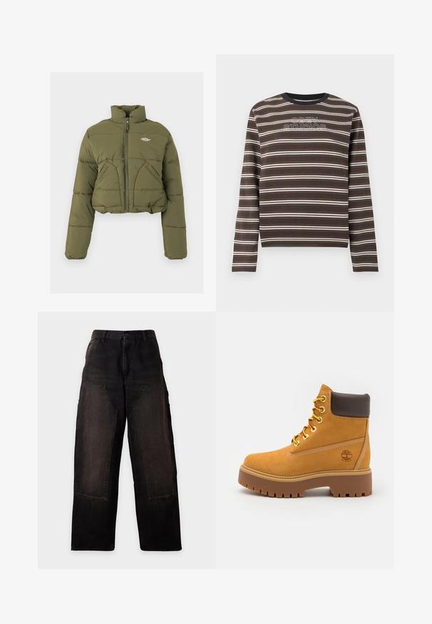 Veste matelassée vert olive raccourcie avec col haut, zip frontal et deux poches avant. Présente une texture matelassée et un logo discret.; Chemise à manches longues rayée marron et noire avec texte blanc brodé "OBEY STUDIOS" sur la poitrine, col ras du cou.; Pantalon noir à jambes larges avec grandes poches plaquées devant et passants de ceinture, présenté sur un fond clair uni.; Bottine chevauchant la cheville en tan imperméable avec une semelle en caoutchouc robuste, un bout rond, un col en cuir brun, des lacets jaunes et un logo sur le côté.