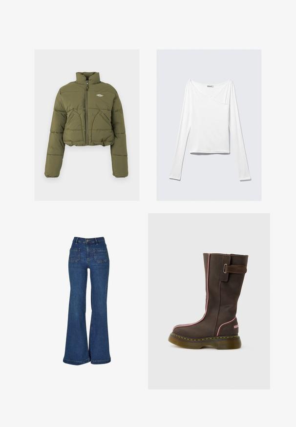 Zastrihnutá olivovo zelená puffr coat s vysokým golierom, predným zipsom a dvojitými prednými vreckami. Obsahuje prešívanú textúru a jemný detail loga.; Biela blúzka s dlhým rukávom a prekríženým dizajnom, s vreckom. Vyrobená z hladkej, elastickej látky. Strih v uvoľnenom, voľnom štýle.; Modré džínsy s vysokým pásom, široké zvonové nohavice, predné nášité vrecká, pútka na opasok a zapínanie na gombík.; Hnedá kožená čižma po lýtko s ružovým lemovaním, hrubou priehľadnou podrážkou, žltým prešívaním a bokovým remienkom s kovovou prackou.