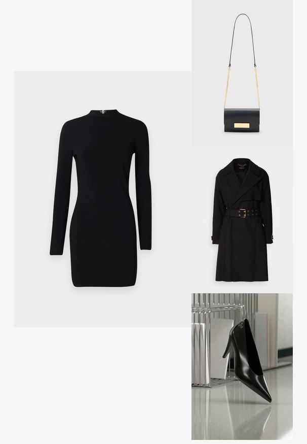 Zwarte trenchcoat met een dubbelzijdig ontwerp, brede revers, een taille met riem en gouden accenten, en manchetten met gespen. Gladde textuur.; Zwart lange mouwen jurk met een aansluitende silhouet, hoge hals en een ritsluiting aan de achterkant. Gladde textuur en rekbare stof. Geen patronen of accenten.; Zwart hooggehakt schoen met puntige neus en gouden logo, geplaatst op een reflecterend oppervlak naast een verchroomde draadordner met documenten.; Zwarte leren crossbodytas met klepafsluiting, goudkleurige kettingriem en rechthoekige metalen plaatdetail.