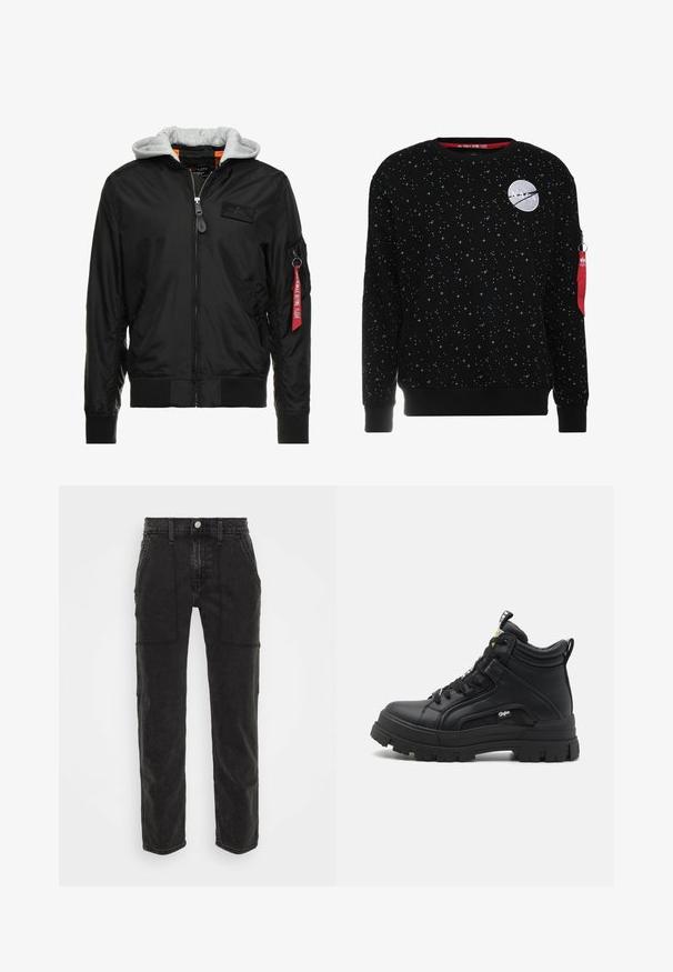 Sort bomberjakke med grå hætte, lynlås foran, ribbede manchetter og kant, samt en sidelomme med et rødt "Remove Before Flight" mærke.; Alpha Industries NASA TAPE - Sweatshirt - black; Sorte denim bukser med lige pasform, to forlommer og knaplukning i taljen. Blød tekstur med minimal detaljer.; Sorte sneakers støvler lavet af tekstureret læder, med en tyk gummisål, snørebånd foran og en lille logo detalje på siden.