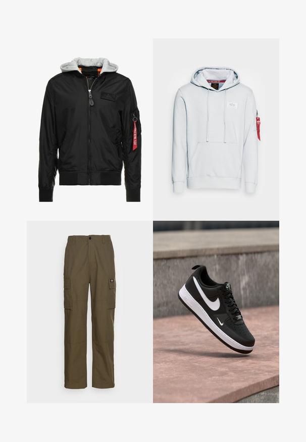 Sort bomberjakke med grå hætte, lynlås foran, ribbede manchetter og kant, samt en sidelomme med et rødt "Remove Before Flight" mærke.; Lys grå hoodie lavet af blødt stof, med en frontlomme, snoretræk i huen og en rød detalje med en lynlås lomme på ærmet.; Cargo bukser i olivengrøn, lavet af slidstærkt stof. Har to sidelommer, en standard talje og en lige ben design.; Sort-hvid Nike Air Force 1 sneaker svævende over en lyserød betonflade med en grå stenbaggrund.