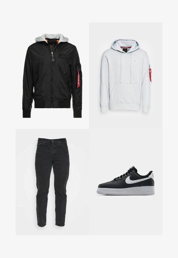 Schwarze Bomberjacke mit grauer Kapuze, Reißverschluss vorne, gerippten Bündchen und Saum sowie einer Seitentasche mit einem roten "Remove Before Flight"-Tag.; Hellgraue Kapuzenjacke aus weichem Material, mit einer Fronttasche, Kapuze mit Kordelzug und einem roten Akzent sowie einer Reißverschlusstasche am Ärmel.; Schwarze Denim-Jeans mit geradem Schnitt, fünf Taschen, vorderem Knopfverschluss und kontrastierenden Nähten. Glatte Textur mit leichten Gebrauchsspuren.; Schwarze Ledersneaker mit strukturierten Oberflächen, weißem Nike-Swoosh, grauer Sohle, runder Zehenpartie und Schnürdesign. Verfügt über Perforationen an der Zehenbox.