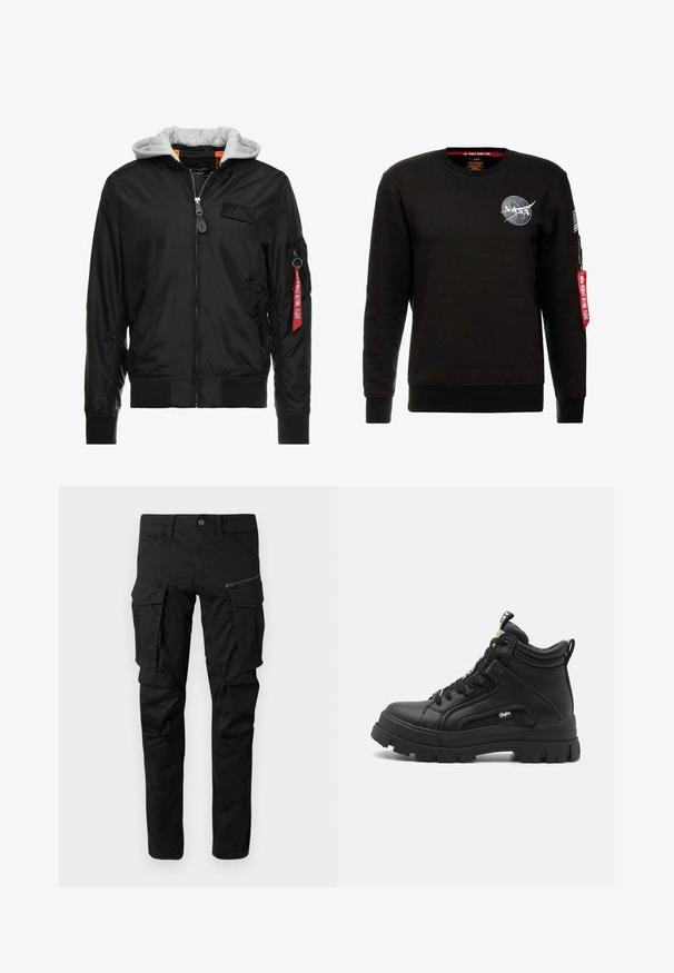 Zwarte bomberjack met een grijze capuchon, ritssluiting aan de voorkant, geribde manchetten en zoom, en een zijzak met een rode "Verwijder voor vertrek" label.; Alpha Industries NASA - Sweater - schwarz; Zwarte cargobroek gemaakt van duurzaam materiaal, met meerdere zijzakken, een ritszak, taps toelopende benen en versterkte stiksels.; Zwarte hoge schoenen van gestructureerd leer, met een dikke rubberen zool, vetersluiting aan de voorkant en een klein logo detail aan de zijkant.