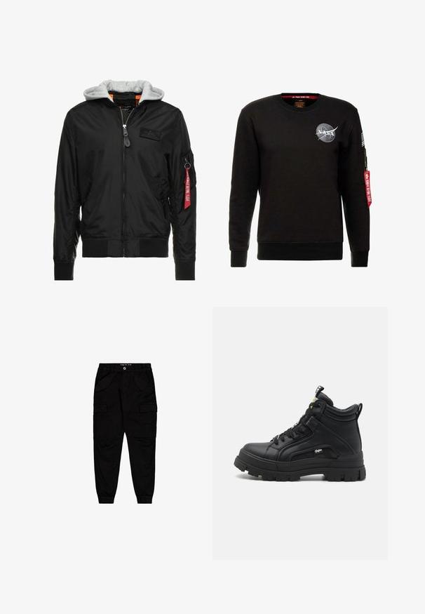 Veste bomber noire avec une capuche grise, fermeture éclair sur le devant, poignets et ourlet côtelés, et une poche latérale ornée d'une étiquette rouge "Retirer avant le vol".; Alpha Industries NASA - Sweatshirt - schwarz; Pantalons cargo noirs en coton, dotés de deux poches avant et de deux poches cargo sur les côtés, avec des poignets et une taille élastiqués.; Baskets montantes noires en cuir texturé, dotées d'une semelle en caoutchouc épaisse, d'un laçage à l'avant et d'un petit logo sur le côté.